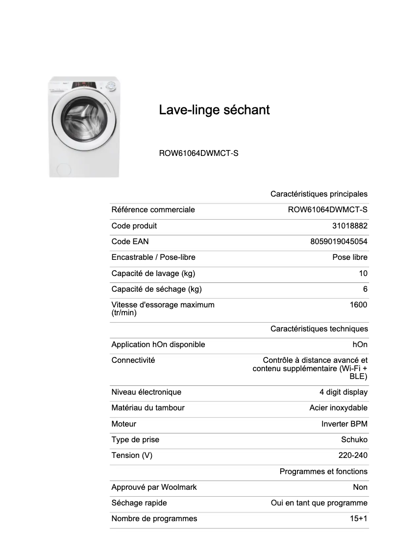 Page 1 de la notice Fiche technique Candy ROW61064DWMCT-S