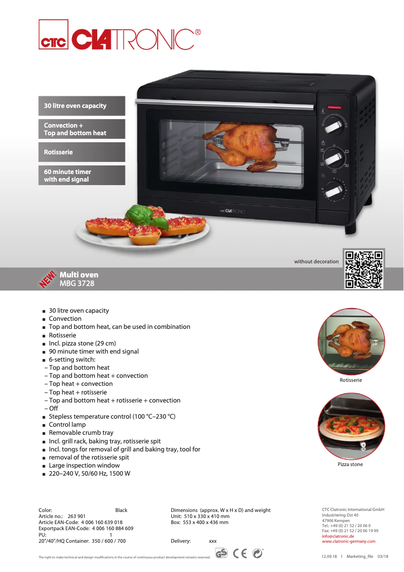 Page 1 de la notice Fiche technique Clatronic MBG 3728