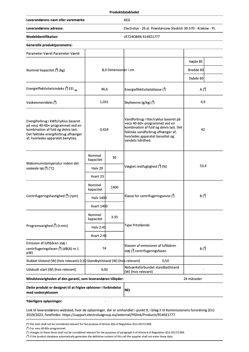 Page n°1 - Fiche technique AEG LR724O84N