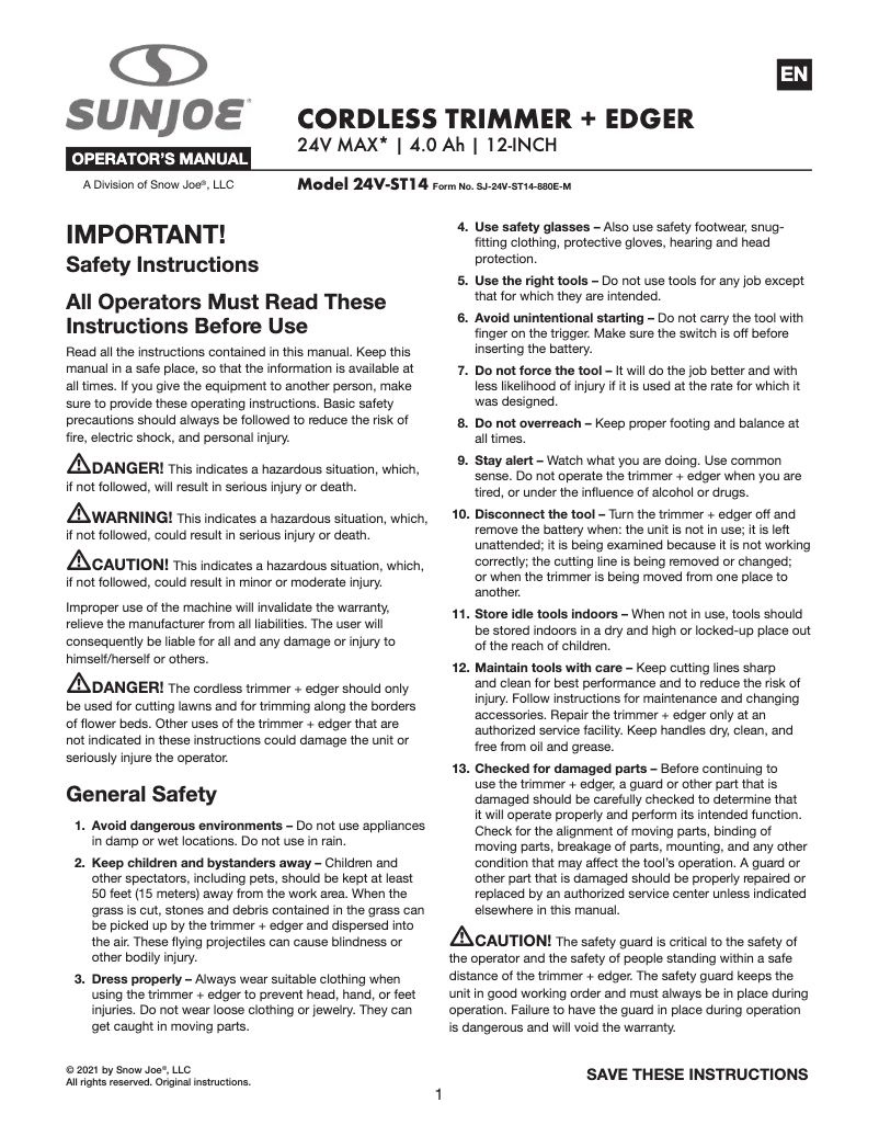 Page 1 de la notice Manuel utilisateur Sun Joe 24V-ST14
