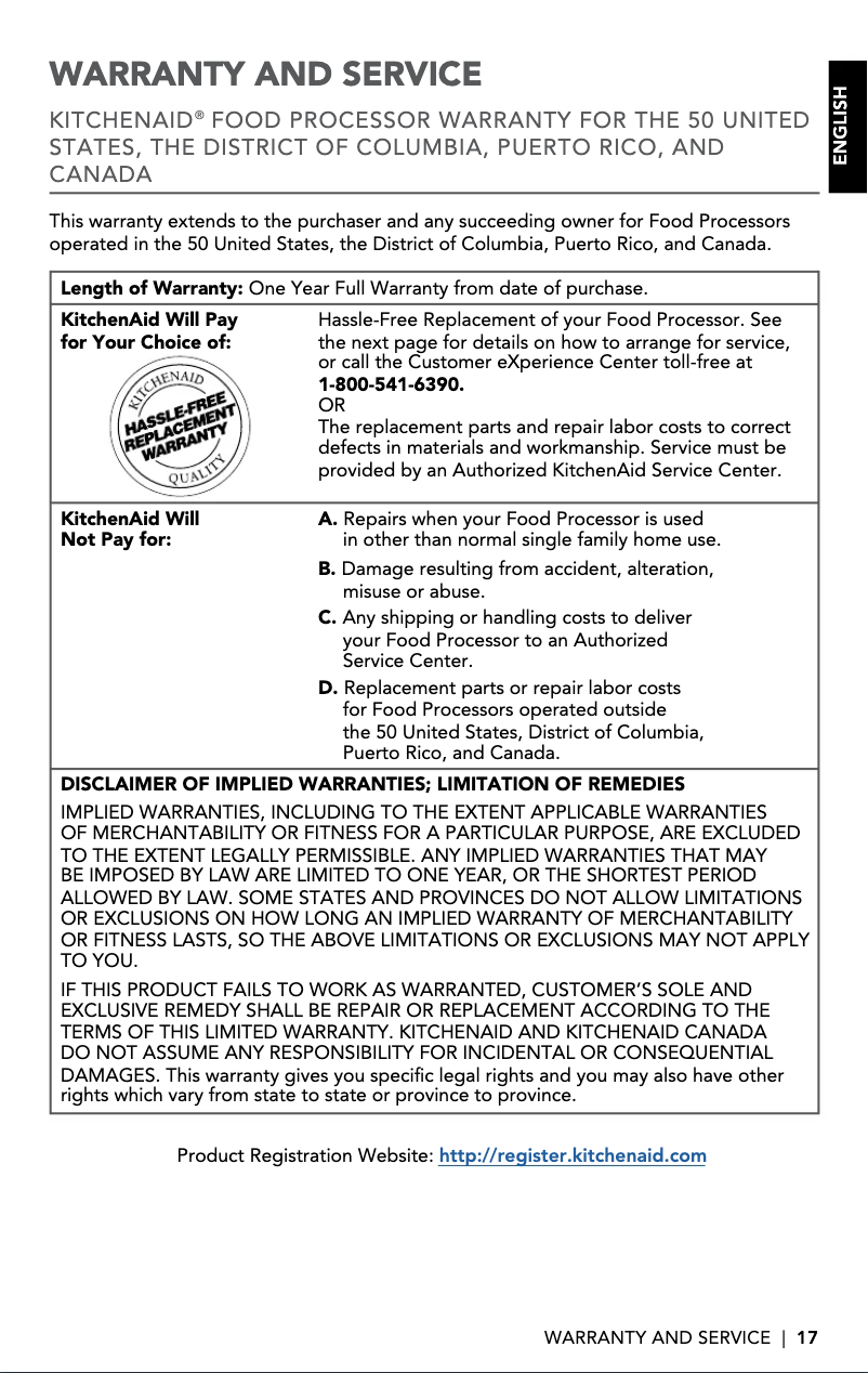 Page 1 de la notice Informations de garantie KitchenAid KFP0718