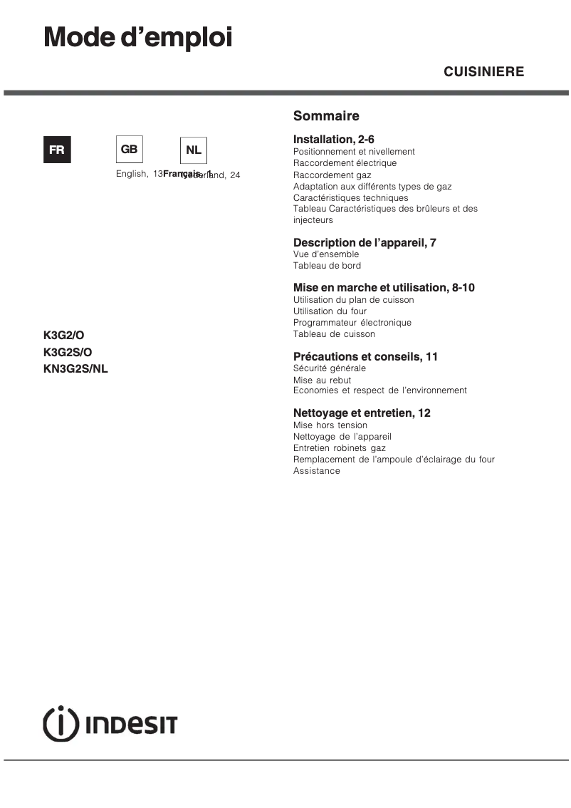 Page 1 de la notice Manuel utilisateur Indesit K3G2/O