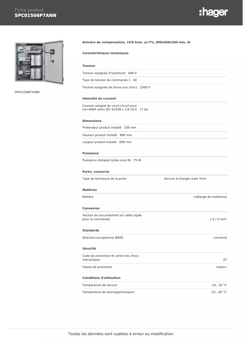 Page 1 de la notice Fiche technique Hager SPC01506P7ANN