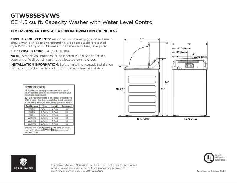 Image de la première page du manuel de l'appareil GTW585BSVWS