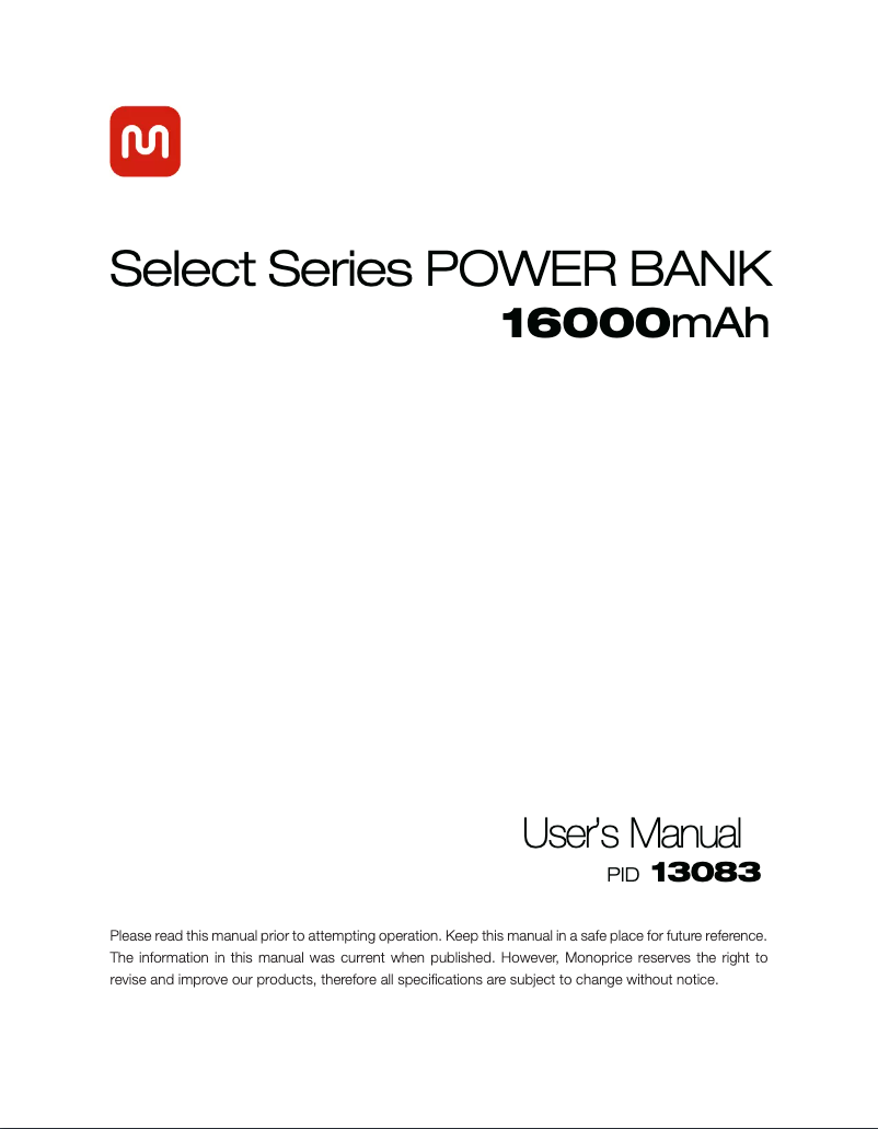 Page 1 de la notice Manuel utilisateur Monoprice Select Series Power Bank 16000mAh