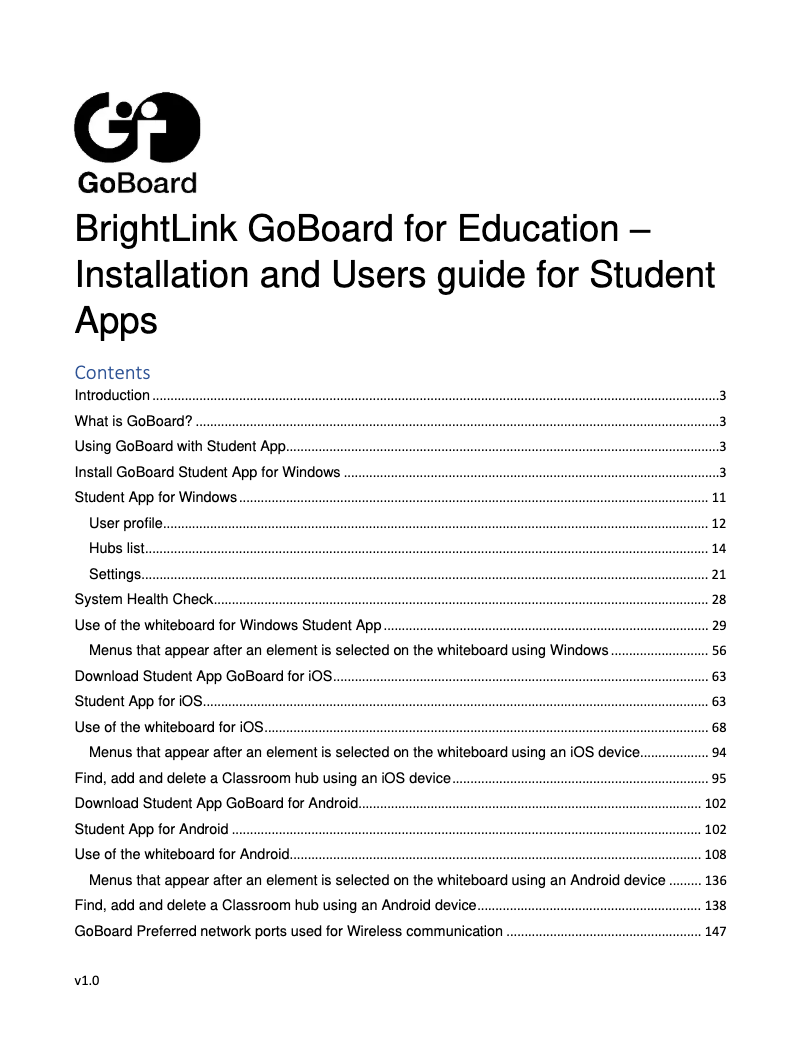 Imagen de la primera página del manual del dispositivo BrightLink GoBoard