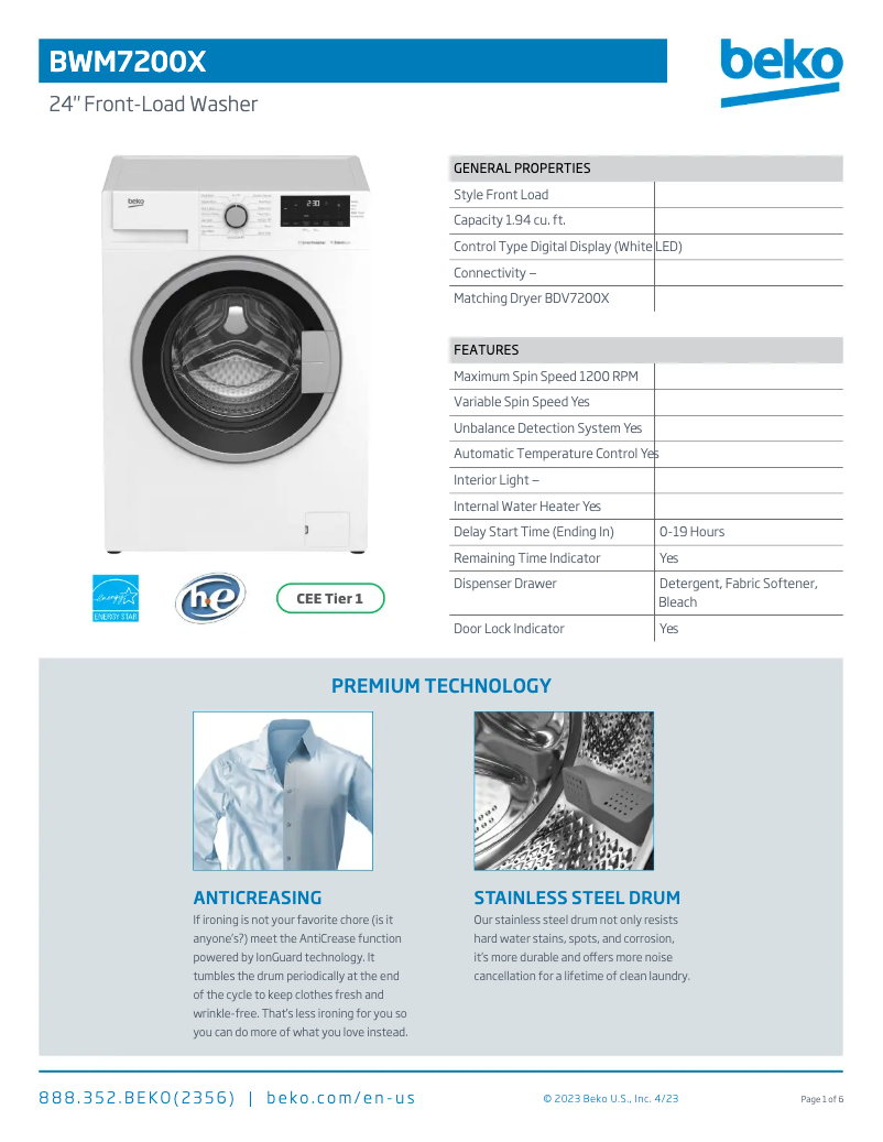 Page 1 de la notice Fiche technique Beko BWM7200X