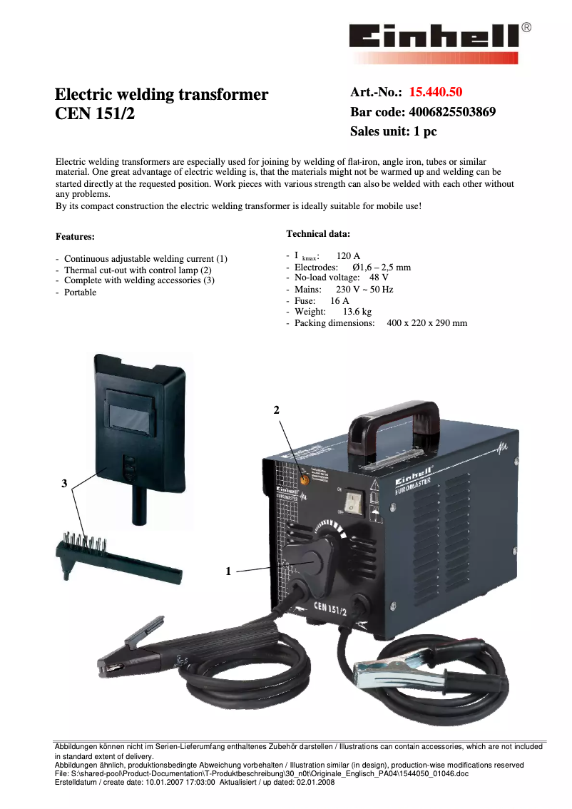 Page 1 de la notice Fiche technique Einhell CEN 151/2