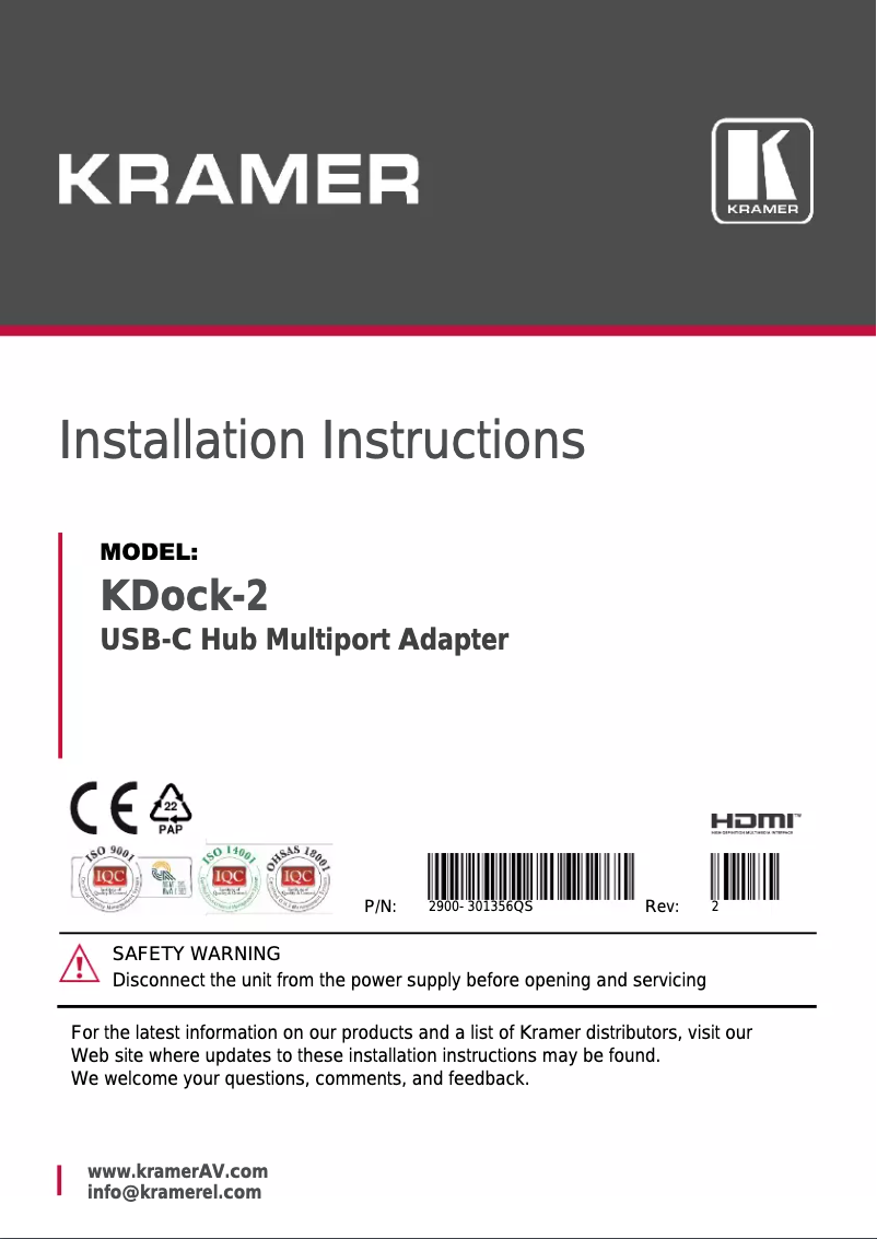 Page 1 de la notice Manuel utilisateur Kramer KDock-2