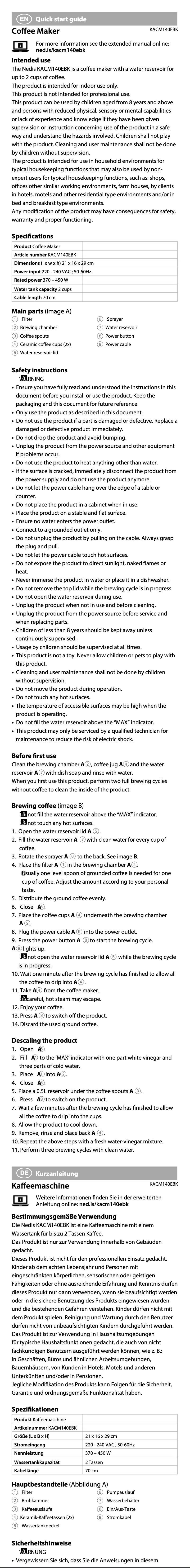 Image de la première page du manuel de l'appareil KACM140EBK