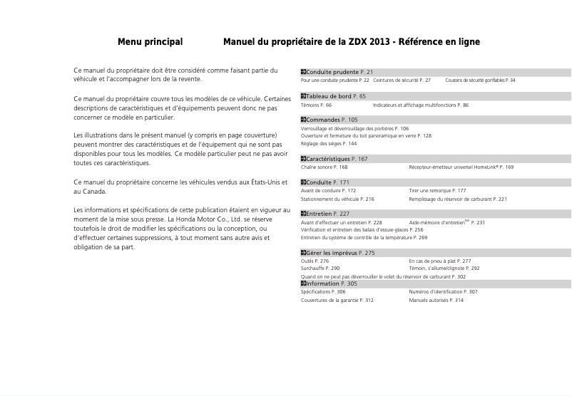 Page 1 de la notice Manuel utilisateur Acura ZDX (2013)