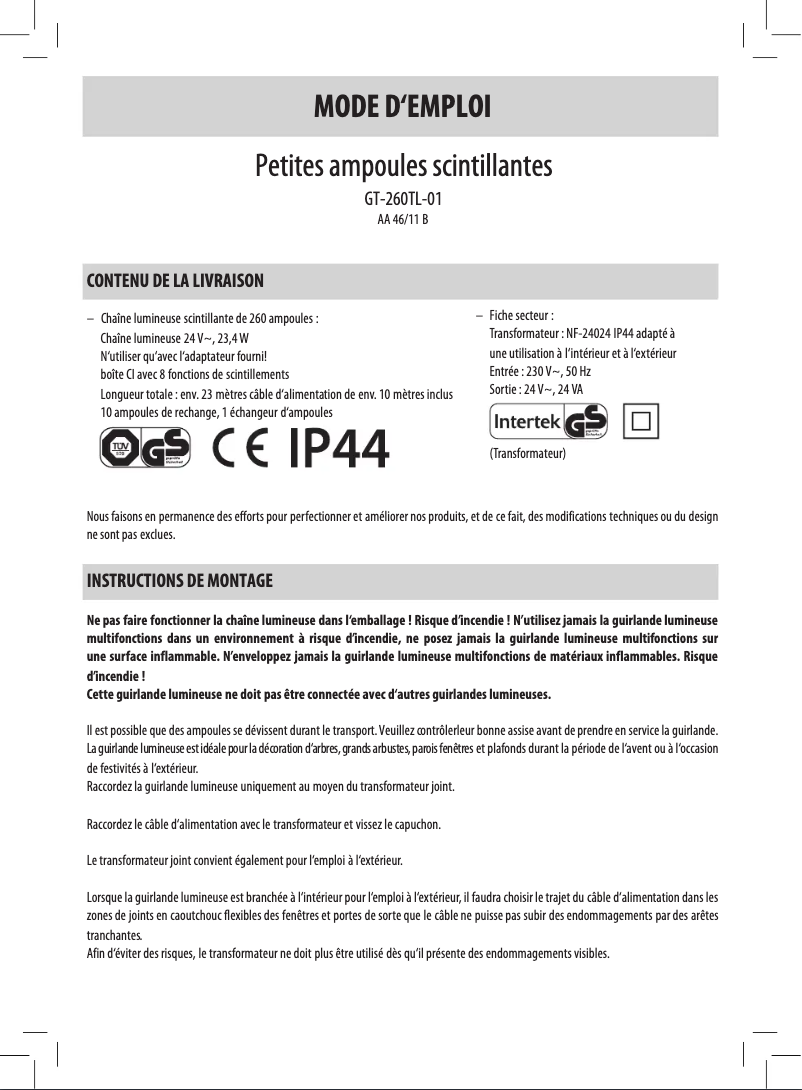 Page 1 de la notice Manuel utilisateur GlobalTronics GT-260TL-01