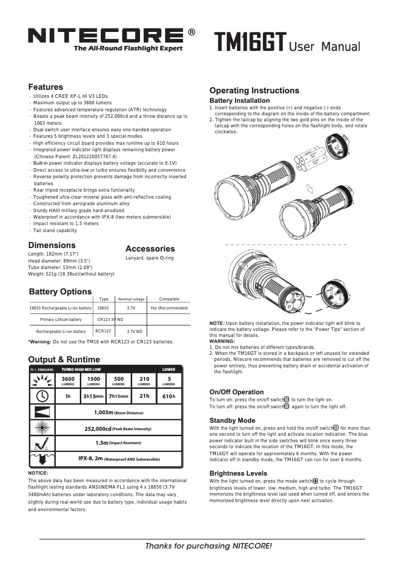 Page n°1 - Manuel utilisateur Nitecore TM16GT