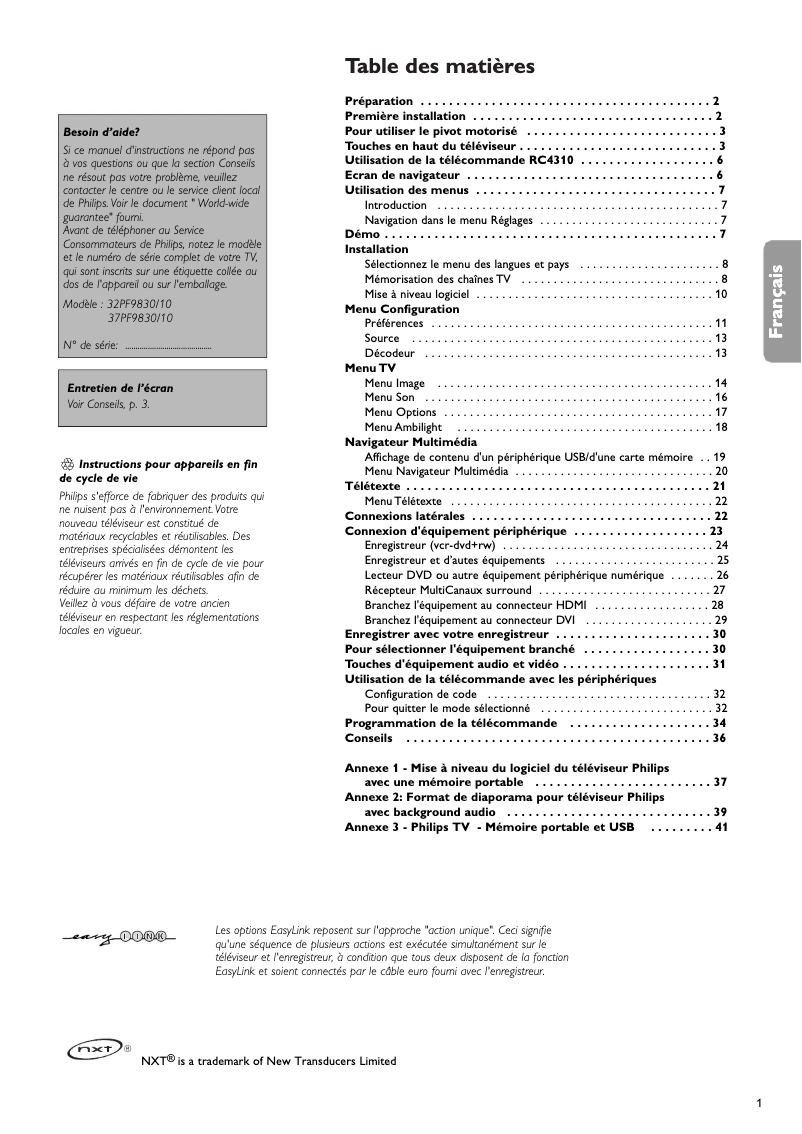 Imagen de la primera página del manual del dispositivo Cineos 37PF9830