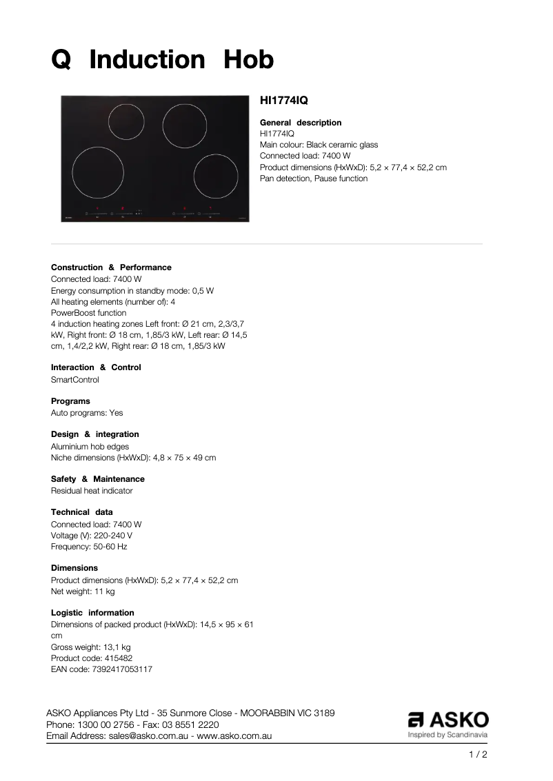 Page n°1 - Fiche technique Asko HI1774IQ