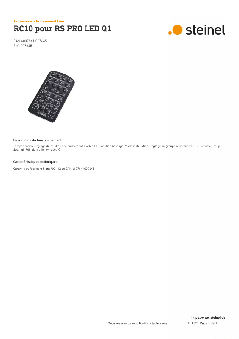 Page 1 de la notice Fiche technique Steinel RC10