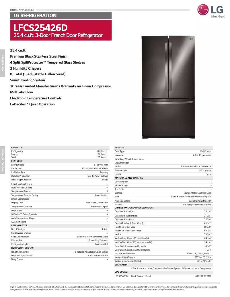 Page 1 de la notice Fiche technique LG LFCS25426