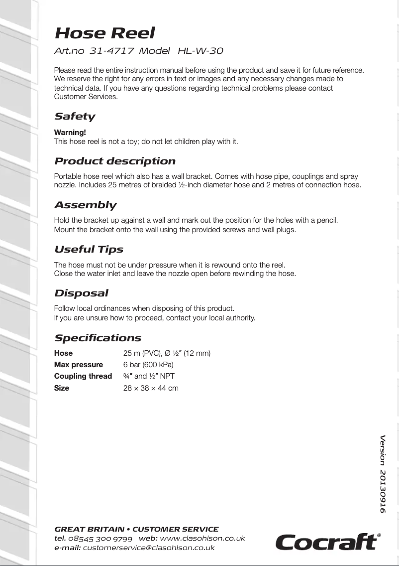 Page 1 de la notice Manuel utilisateur Cocraft HL-W-30
