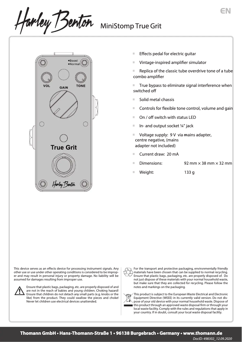 Image de la première page du manuel de l'appareil MiniStomp True Grit
