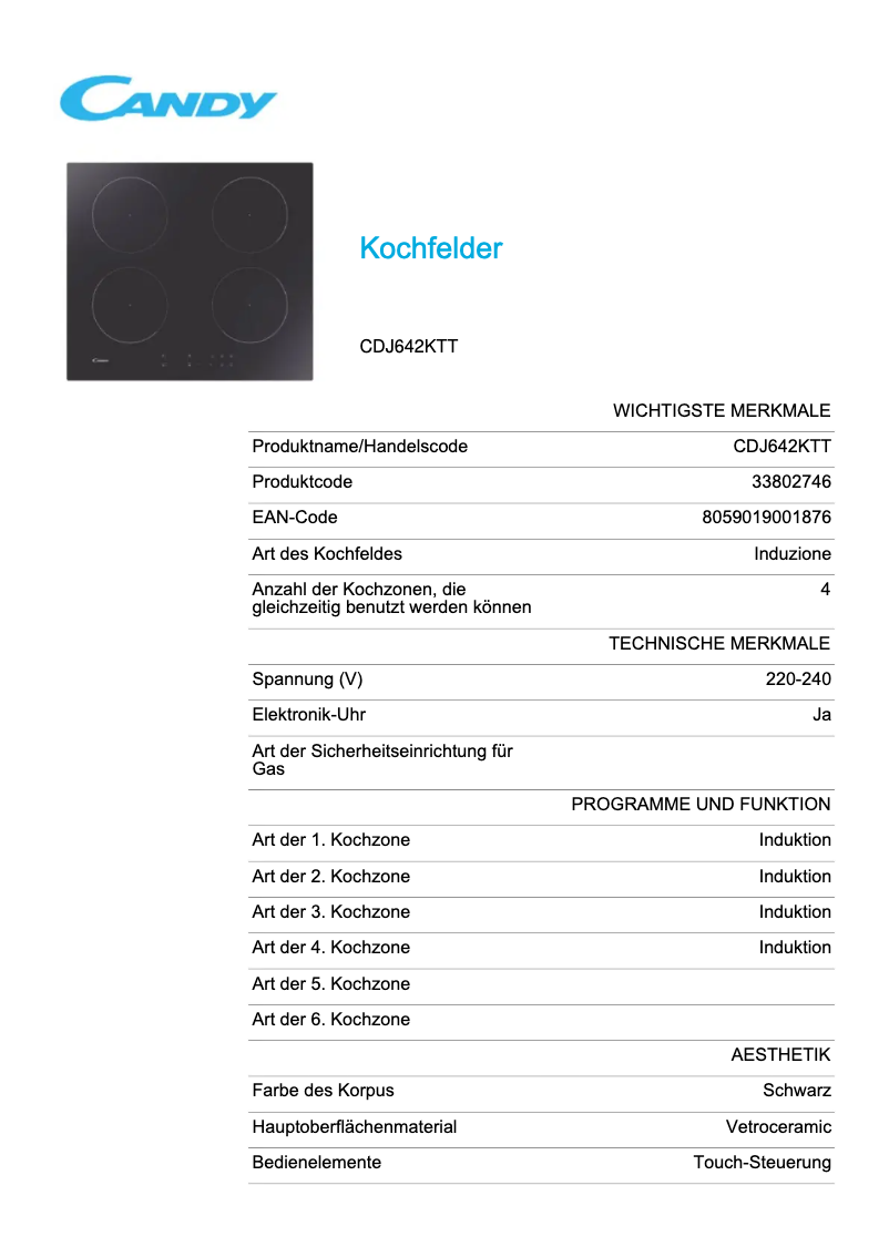 Page 1 de la notice Fiche technique Candy CDJ642KTT