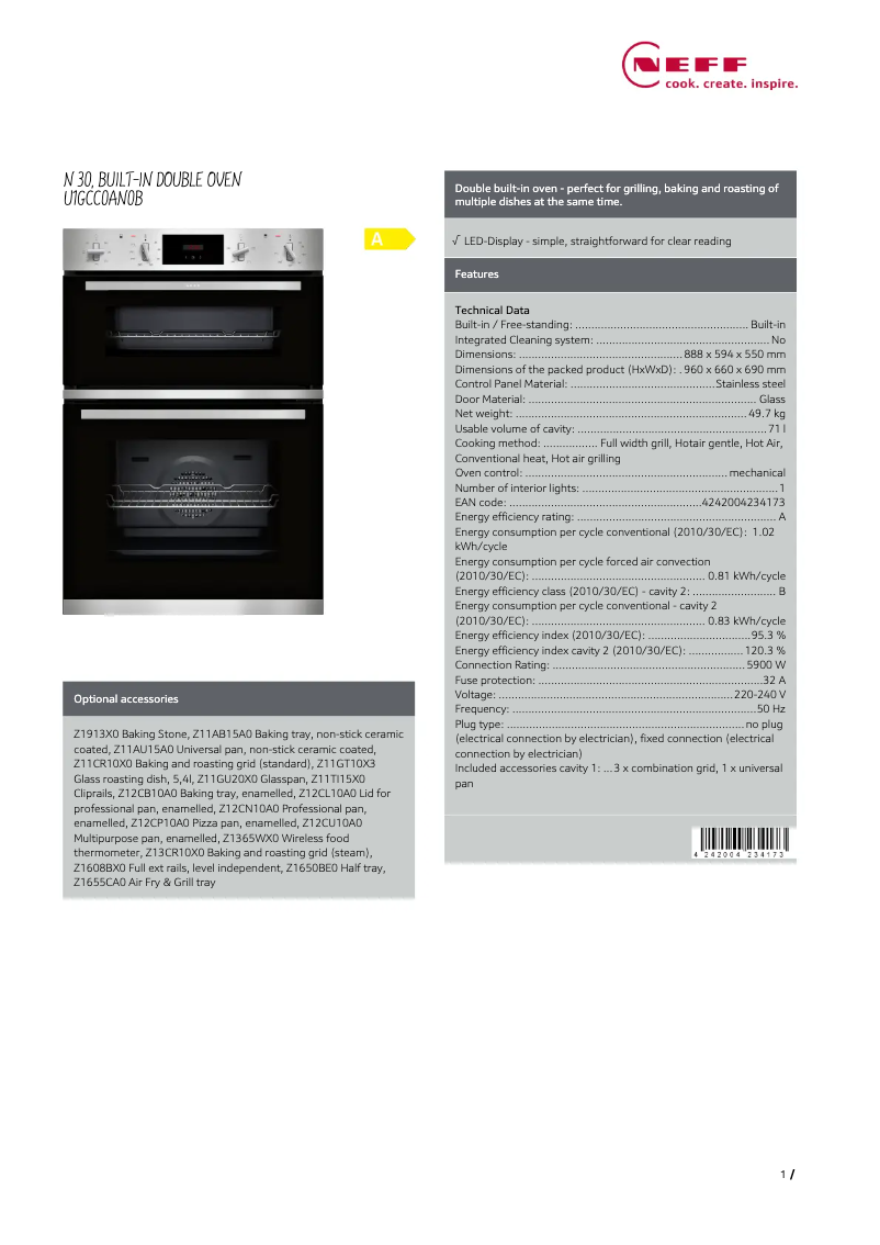 Page 1 de la notice Fiche technique Neff U1GCC0AN0B