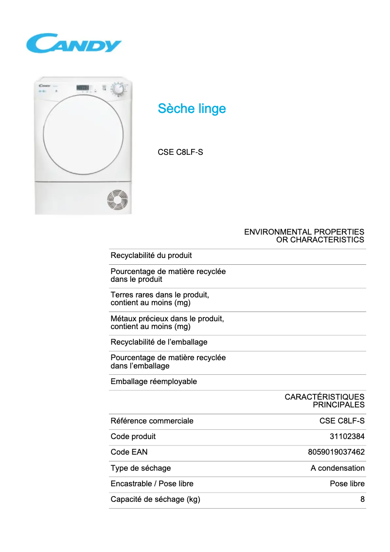 Page 1 de la notice Fiche technique Candy CSE C8LF-S