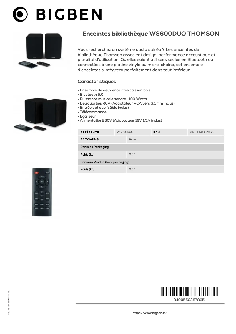 Page 1 de la notice Fiche technique Thomson WS600DUO