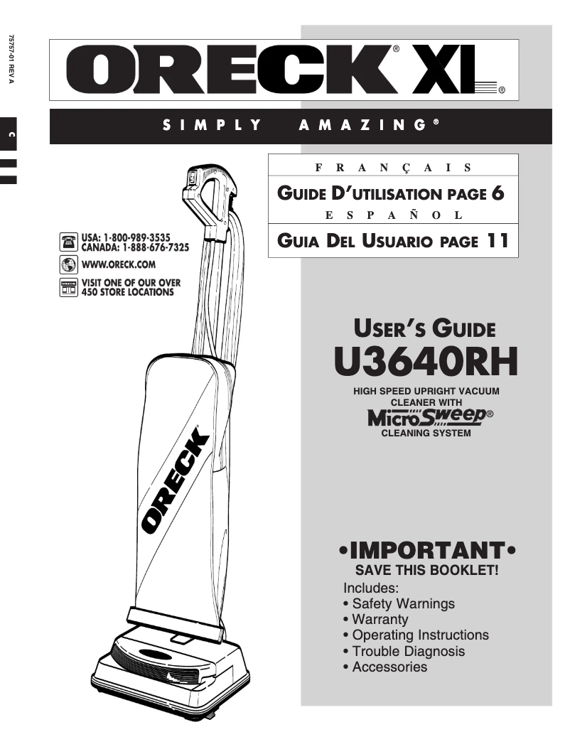 Image de la première page du manuel de l'appareil XL Outlook Vacuum U3640HH