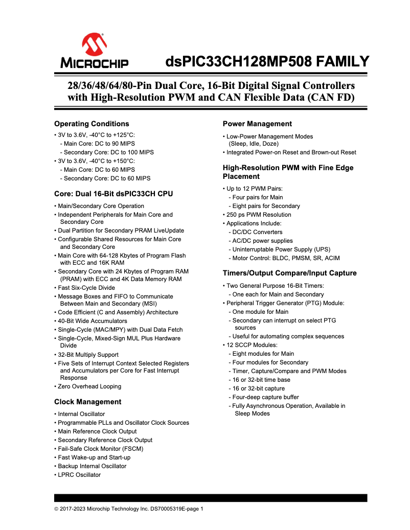 Imagen de la primera página del manual del dispositivo dsPIC33CH128MP208