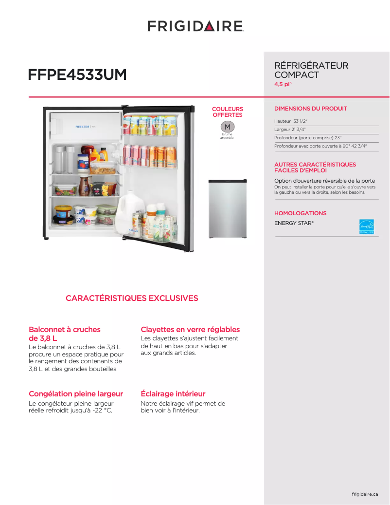 Página 1 del manual Ficha técnica Frigidaire FFPE4533UM