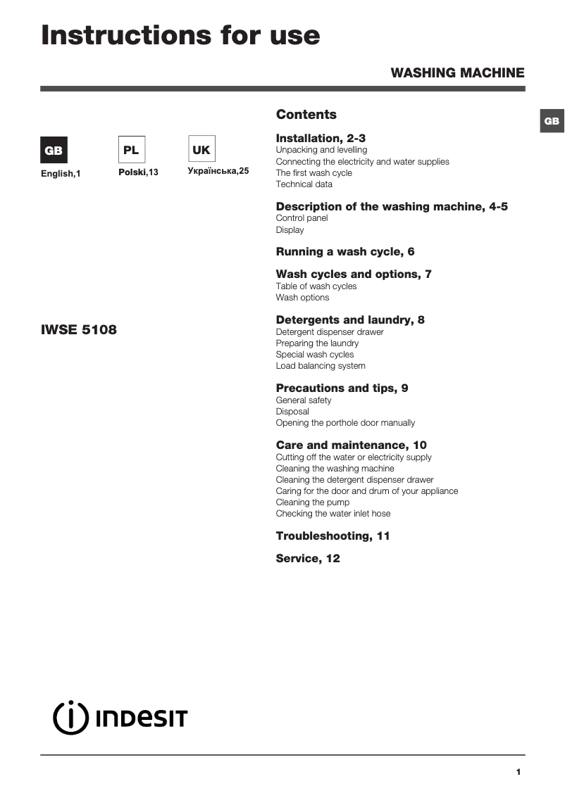 Page 1 de la notice Manuel utilisateur Indesit IWSE 5108 B