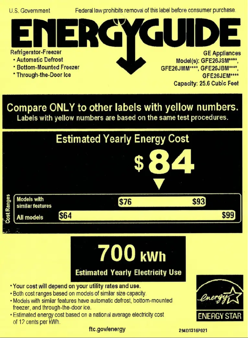 Page 1 de la notice Label énergétique GE GFE26JSMSS