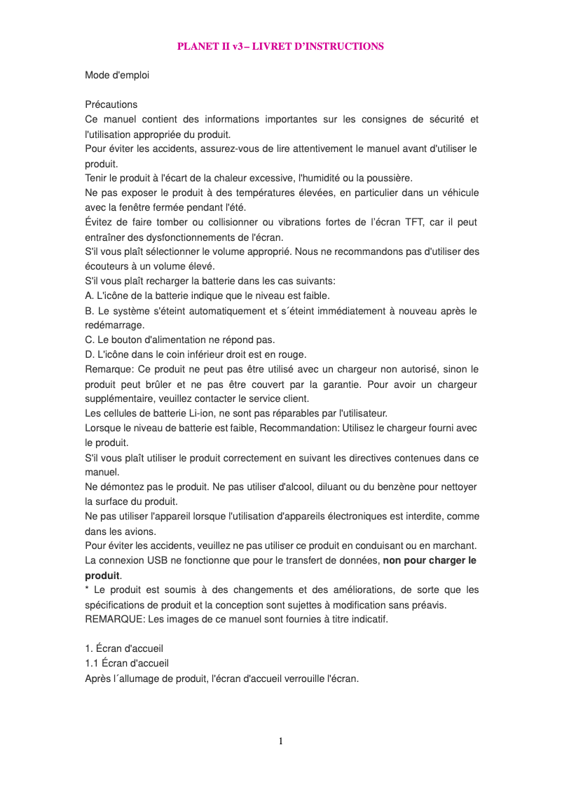 Page n°1 - Manuel utilisateur i-Joy Planet II
