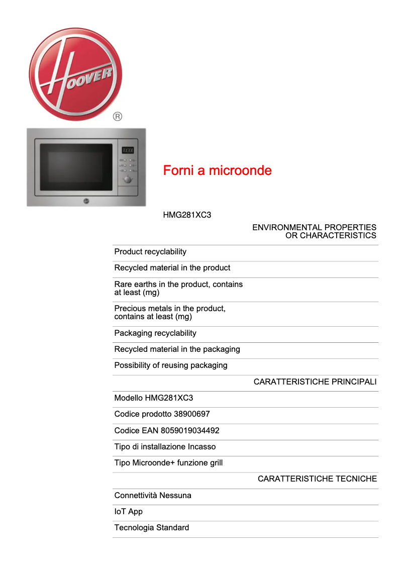 Page n°1 - Fiche technique Hoover HMG281XC3