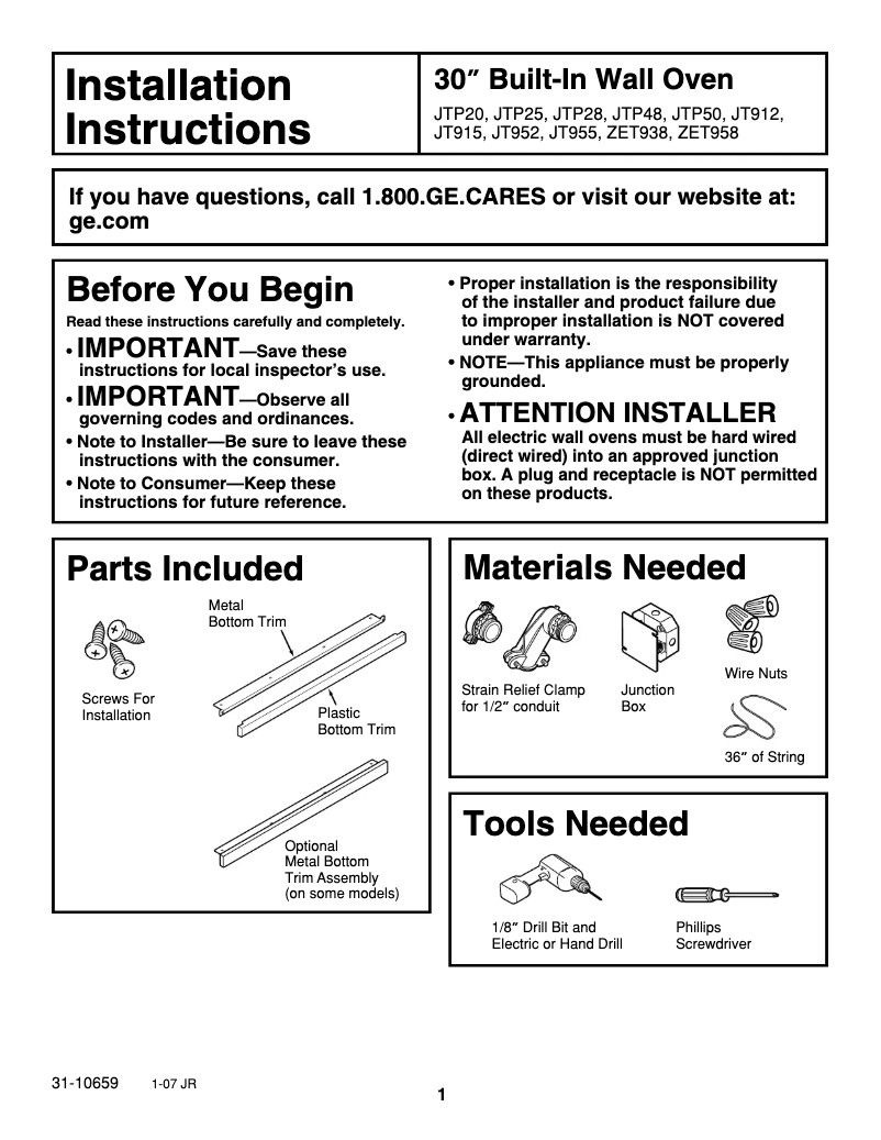 Page n°1 - Guide d'installation GE Profile JT912SKSS
