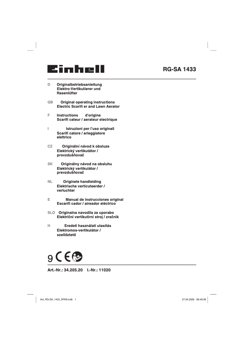 Page n°1 - Manuel utilisateur Einhell GE-SA 1433