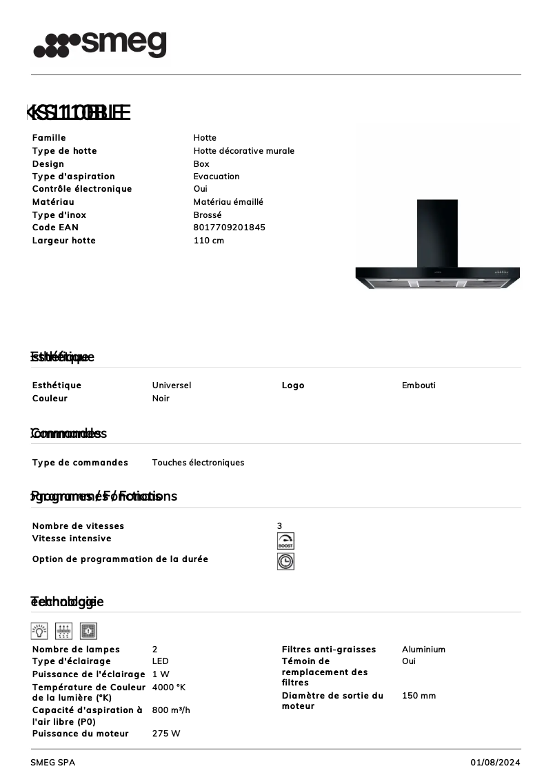 Page n°1 - Fiche technique Smeg KS110BLE