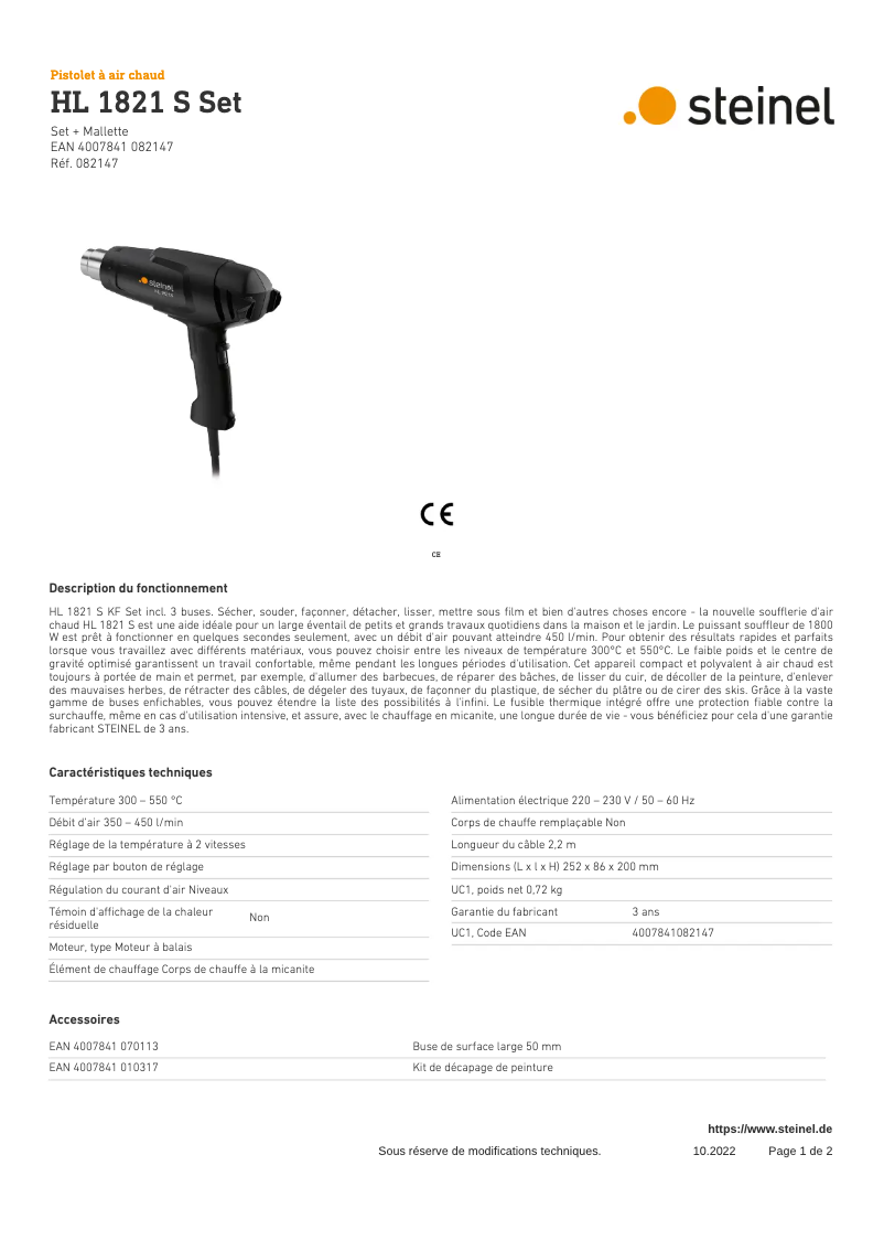 Page 1 de la notice Fiche technique Steinel HL 1821 S