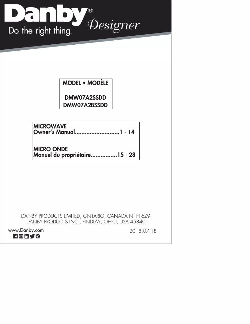 Page 1 de la notice Manuel utilisateur Danby DMW07A2SSDD