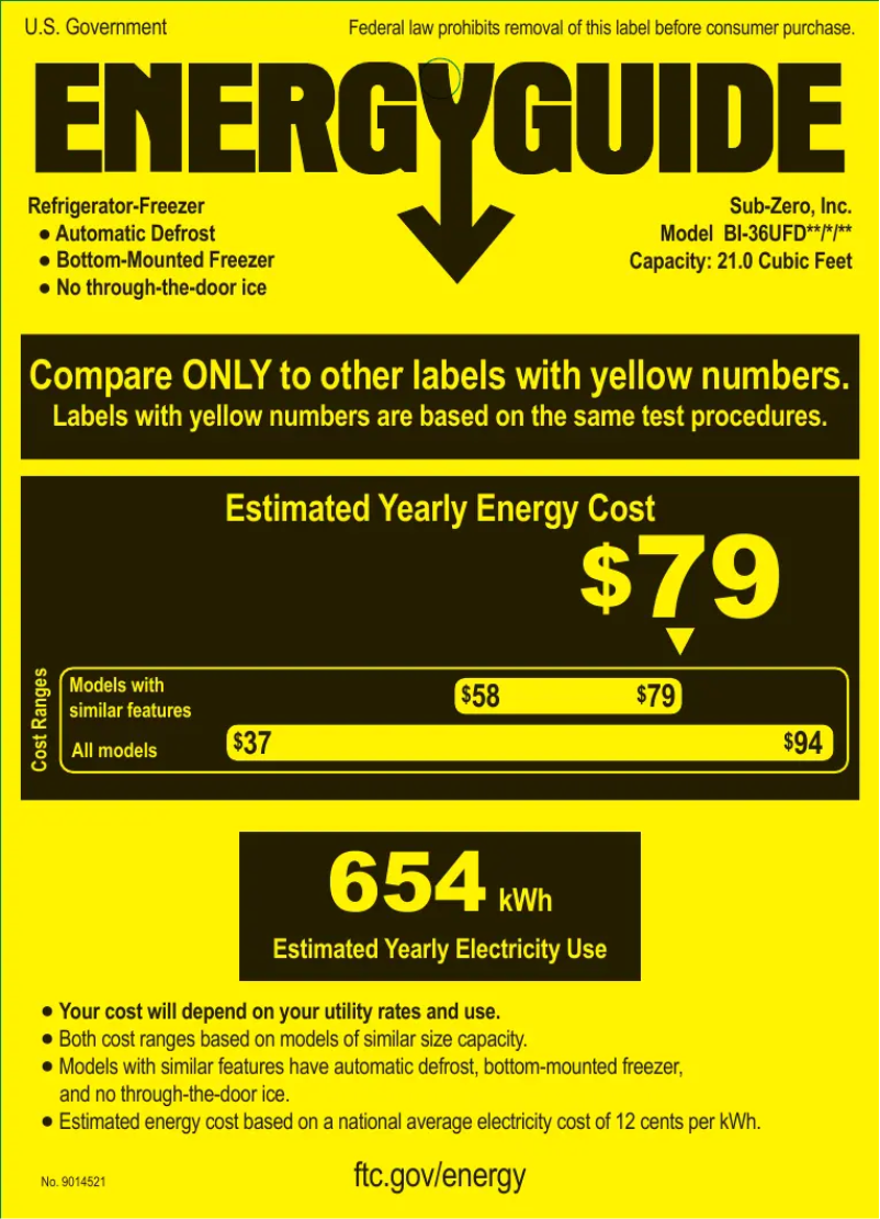 Page n°1 - Label énergétique Sub-Zero BI-36UFDIS