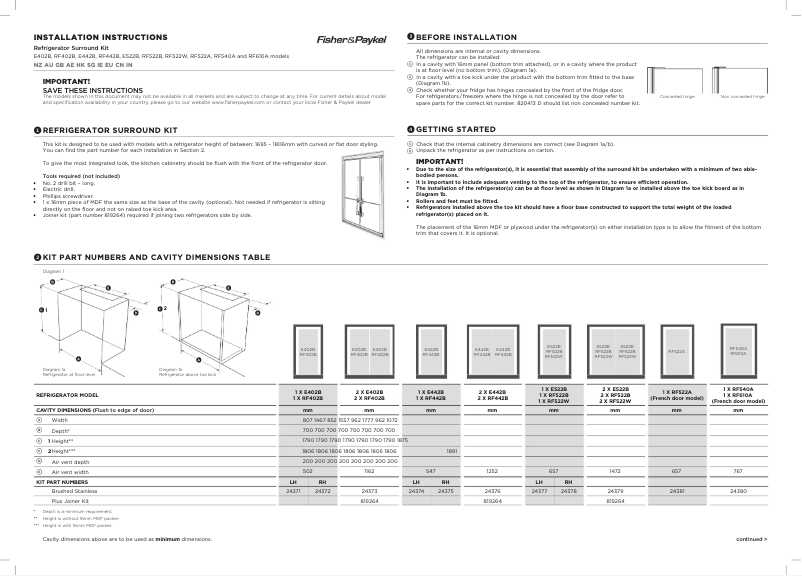 Page 1 de la notice Guide d'installation Fisher & Paykel RF402BRXFDU6