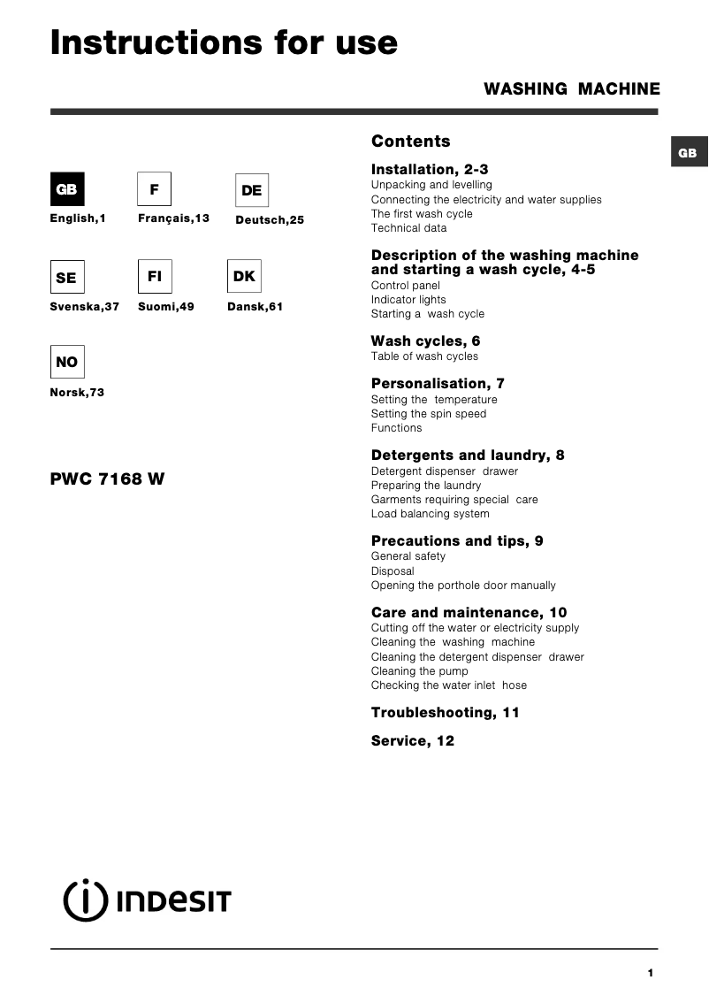Page n°1 - Manuel utilisateur Indesit PWC 7168 W (EU)