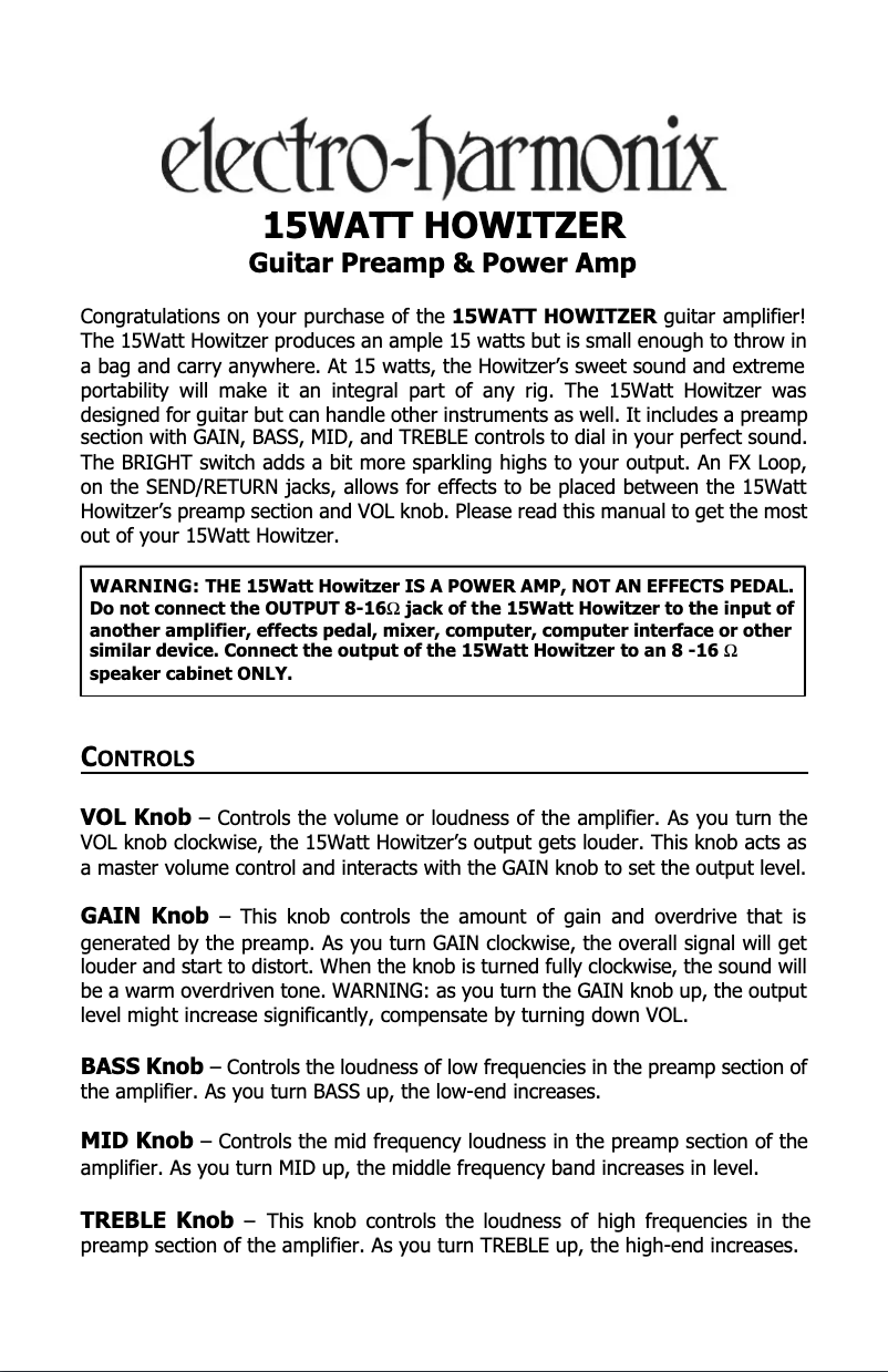 Page 1 de la notice Manuel utilisateur Electro Harmonix 15Watt