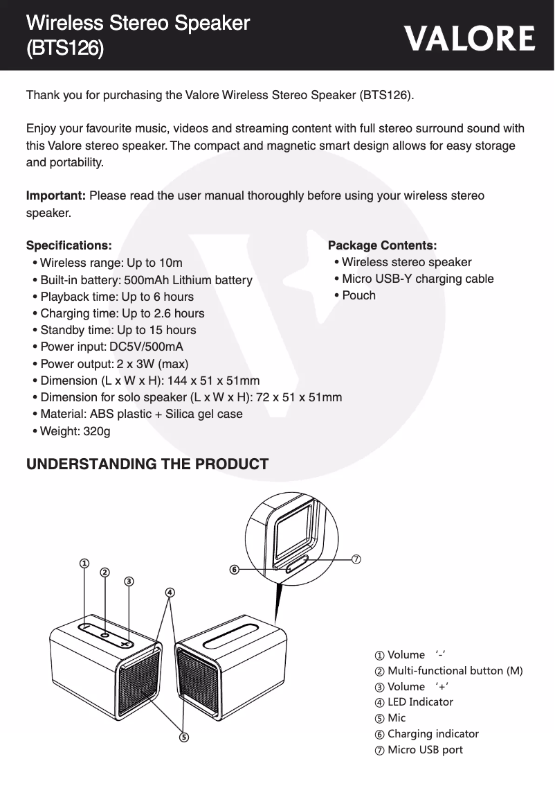 Page 1 de la notice Manuel utilisateur Valore BTS126
