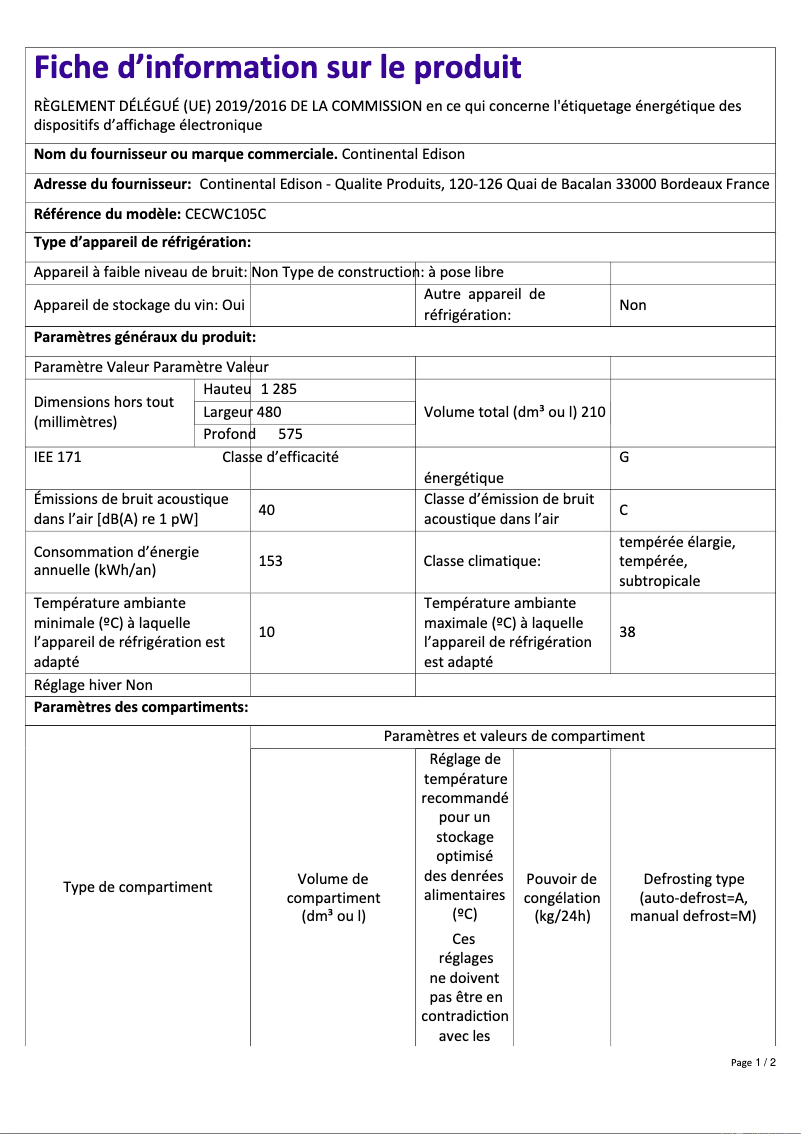 Page 1 de la notice Label énergétique Continental Edison CECWC105C