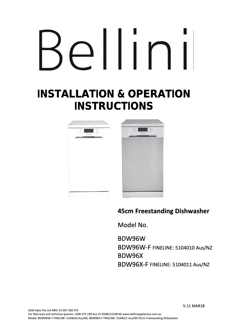 Page 1 de la notice Manuel utilisateur Bellini BDW96W