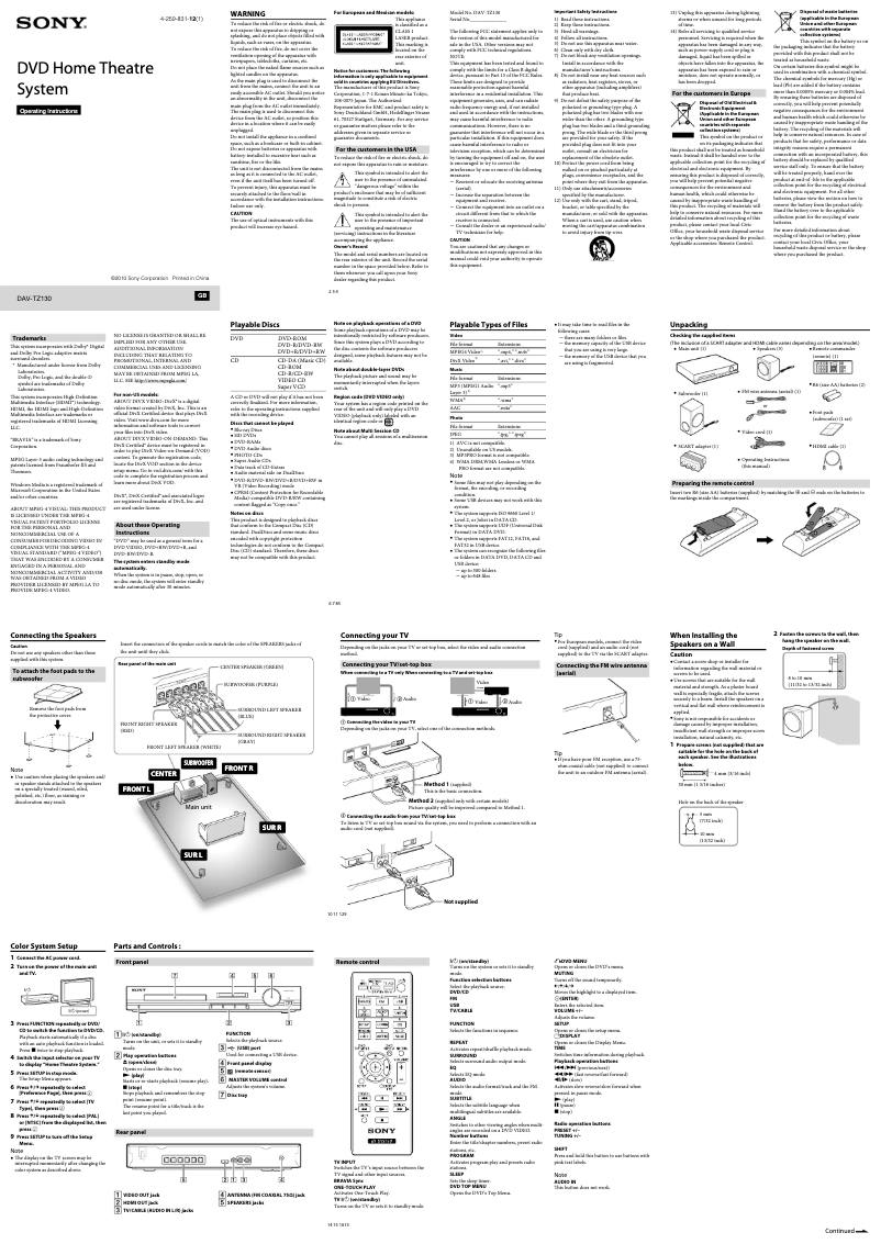 Page 1 de la notice Manuel utilisateur Sony DAV-TZ130