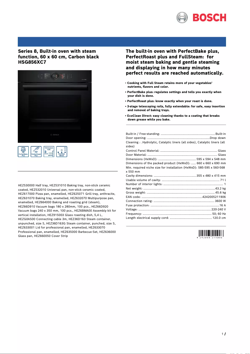 Page 1 de la notice Fiche technique Bosch HSG856XC7