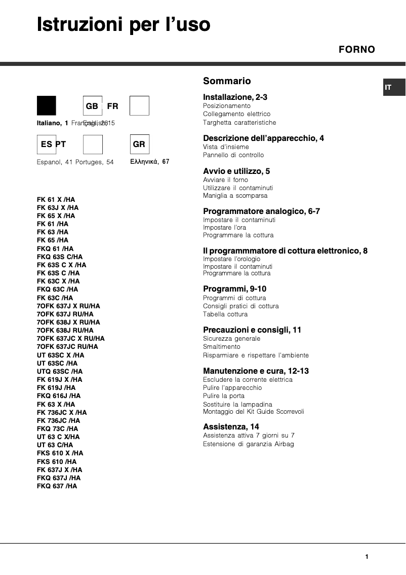 Page n°1 - Manuel utilisateur Hotpoint Ariston FK 61.1 X/HA