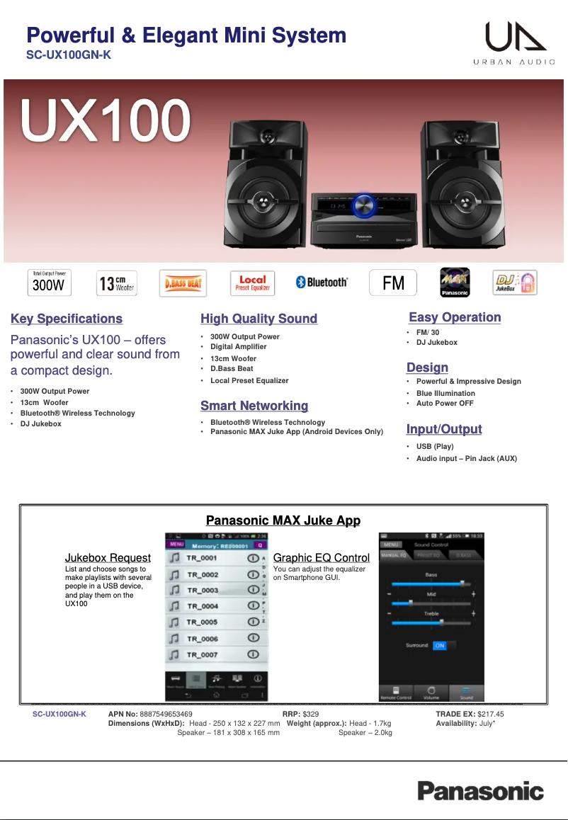 Page 1 of the manual Technical Sheet Panasonic SC-UX100
